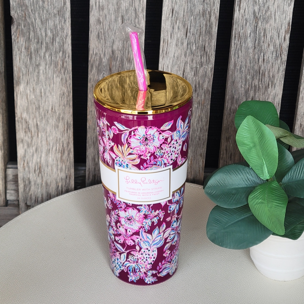 Lilly Pulitzer Amarena Cherry Floral Tumbler with Straw - Picture 4 of 7